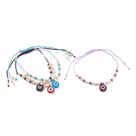 Bracelets de perles de nylon tressés réglables, bracelets à breloques au chalumeau mauvais œil, avec des rocailles en verre rondes