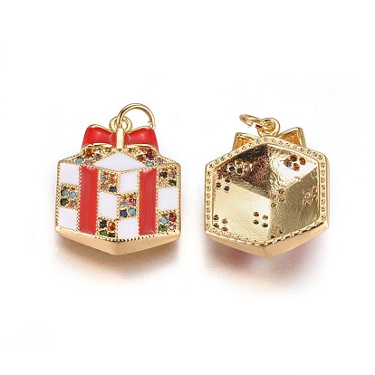Brass Cubic Zirconia Pendants, with Enamel and Jump Ring, Christmas Gift Box, Red