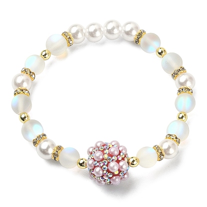 Synthetic Moonstone & Plastic Pearl & Hematite Beaded Stretch Bracelet, Rhinestone Disco Beads Bracelet