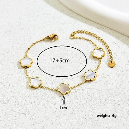 Stainless Steel Cable Chain Bracelets with Lobster Claw Clasp, Shell Flower Link Bracelet for Women