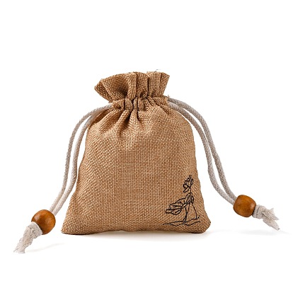 Sachets d'emballage de jute, sacs à cordonnet, avec des perles en bois  
