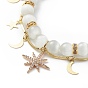 Bracelet multi-rangs en perles rondes et chaîne à maillons en laiton œil de chat, bracelet double couche avec breloques étoile et lune en zircone cubique claire pour femme