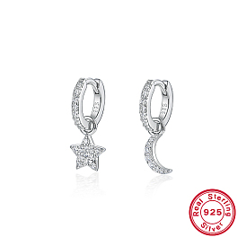 Rhodium Plated 925 Sterling Silver Dangle Hoop Earring, Clear Cubic Zirconia Moon & Star Asymmetrical Earrings, with 925 Stamp