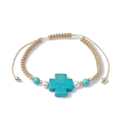 Synthetic Turquoise Cross & Imitation Pearl Braided Bead Bracelet, Adjustable Bracelet
