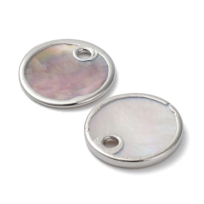 Natural Sea Shell Pendants, Flat Round Charms with Brass Edge