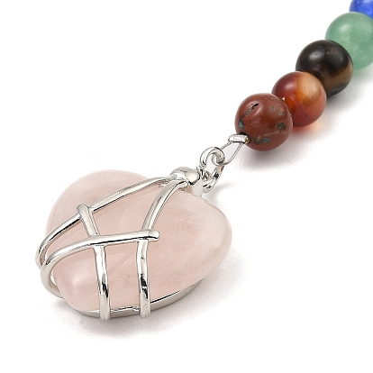 Porte-clés coeur en pierres précieuses naturelles et synthétiques, avec perle de pierre précieuse chakra et accessoires en laiton plaqué platine