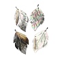 Natural Black Lip Shell Big Pendants, Leaf Charms with Platinum Plated Brass Pinch Bails