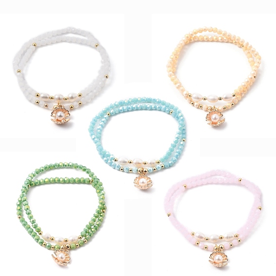 Stretch Bracelets & Charm Bracelets Sets, with Faceted Glass Beads, Brass Beads, Natural Pearl Beads, Plastic Imitation Pearl Beads and Alloy Charms, Shell Shape, Golden