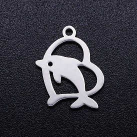 201 Stainless Steel Hollow Pendants, Heart with Dolphin