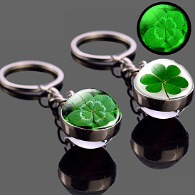 Luminous Alloy Glass Keychain, with Key Ring, Round with Clover