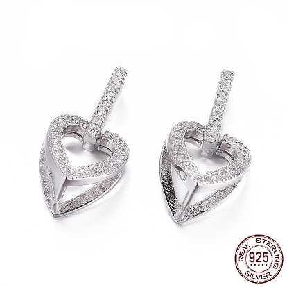 925 Sterling Silver Pendant Bails, with Cubic Zirconia, with 925 Stamp, Ice Pick Pinch Bails, Heart, Clear