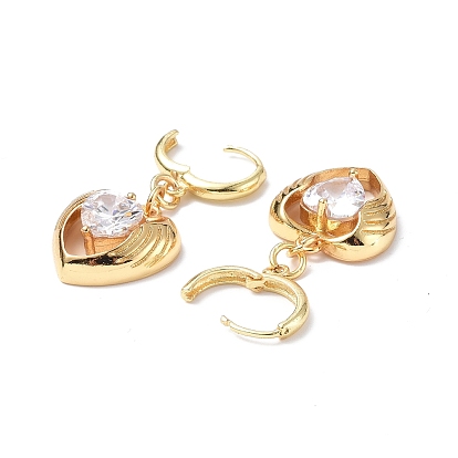 Clear Cubic Zirconia Heart Wing Dangle Hoop Earrings, Rack Plating Brass Jewelry for Women