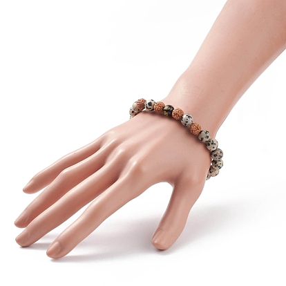 Mala Bead Bracelet, Word Om Mani Padme Hum Natural Rudraksha & Dalmatian & Obsidian Stretch Bracelet for Women