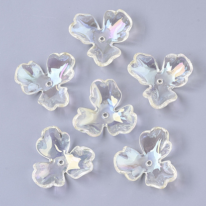 Tapas de cuentas de acrílico transparentes, color de ab chapado, 3-pétalo de flor