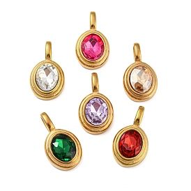 Golden Plated 304 Stainless Steel Rhinestone Pendants, Oval Charms