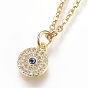 304 Stainless Steel Pendant Necklaces, with Cubic Zirconia, Flat Round with Eye