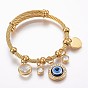 Adjustable 304 Stainless Steel Charm Bangles, with Resin, Glass and Rhinestone, Eye, Heart, Flat Round