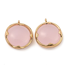 Brass with Pink Glass Pendants, Flat Round Charms, Long-Lasting Plated