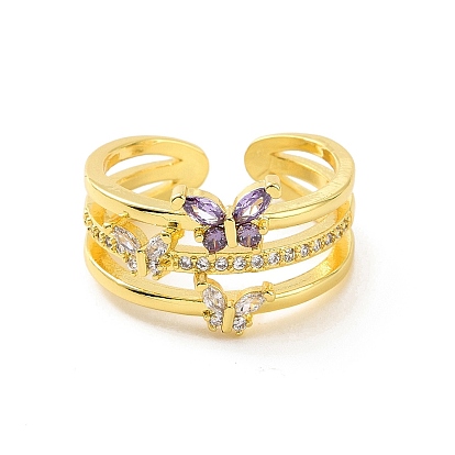 Anillo de puño abierto con mariposa de circonita cúbica violeta, anillo ancho de triple línea de latón chapado en rack para mujer, sin plomo y cadmio