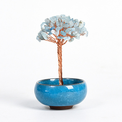 Décorations d'affichage d'arbre de copeaux de pierres précieuses naturelles, avec des bols en porcelaine de couleur aléatoire, ornement feng shui enveloppé de fil de cuivre pour la fortune