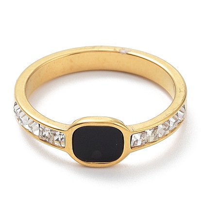 Anillo de dedo rectangular de esmalte negro con diamantes de imitación, revestimiento iónico (ip) 304 anillo de acero inoxidable
