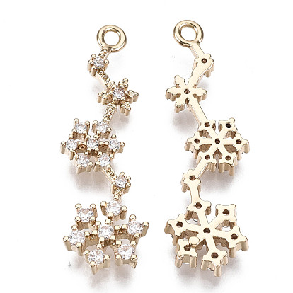 Brass Micro Pave Cubic Zirconia Pendants for Christmas, Long-Lasting Plated, Snowflake, Light Gold