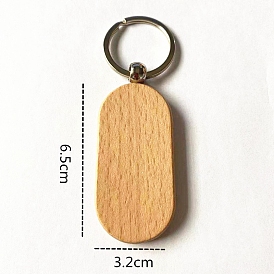 Porte-clés en bois non teint, avec les accessoires en alliage de zinc, ovale