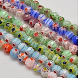 Faceted Millefiori Glass Round Beads Strands, 6mm, Hole: 1mm, about 64pcs/strand, 14.1 inch