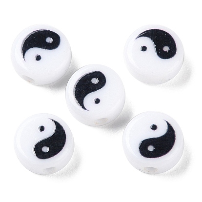 Printed Opaque Acrylic Beads, Flat Round with Yinyang Pattern