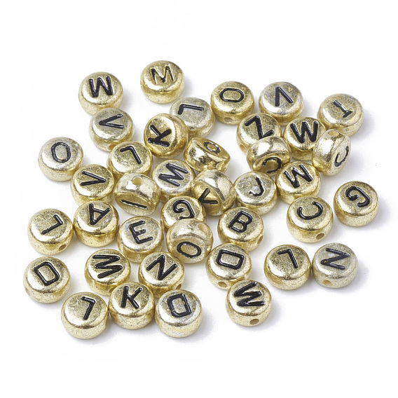 Perles acryliques plaquées, trou horizontal, plat rond avec la lettre
