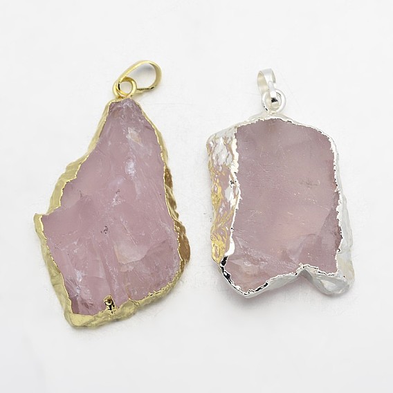 Madagascar naturel quartz rose plaqué grandes pendentifs, avec les accessoires en laiton, 40~50x25~30x8~14mm, Trou: 5x8mm