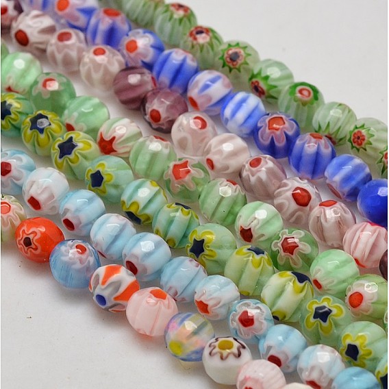 Faceted Millefiori Glass Round Beads Strands, 6mm, Hole: 1mm, about 64pcs/strand, 14.1 inch
