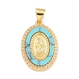 Brass Micro Pave Cubic Zirconia Pendants, with Gemstone, Real 18K Gold Plated, Oval