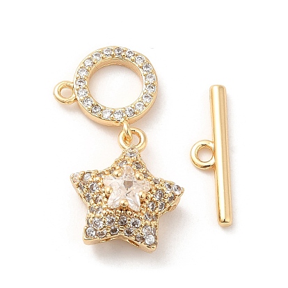 Brass Micro Pave Clear Cubic Zirconia Toggle Clasps, with Glass, Star