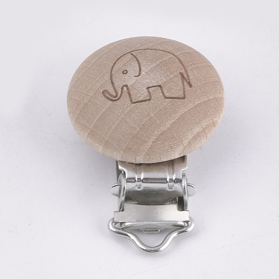 Beech Wood Baby Pacifier Holder Clips, with Iron Clips, Flat Round with Elephant, Platinum