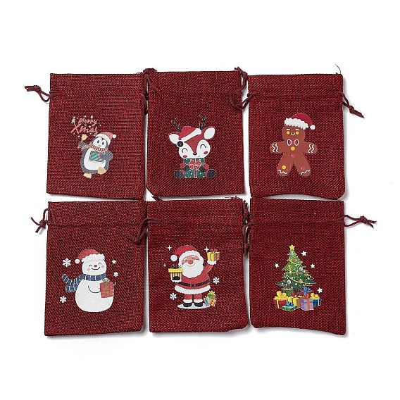 6 pcs 6 styles sacs de jute rectangulaires sur le thème de noël, avec cordon en nylon, poches à cordon, pour emballage cadeau