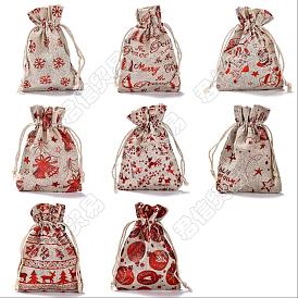 24Pcs 8 Styles Christmas Theme Cotton Gift Packing Pouches Drawstring Bags, for Christmas Valentine Birthday Party Candy Wrapping, Red