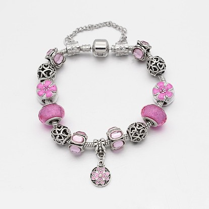 Alliage de fleur strass émail européen bracelets de perles, avec résine perles européennes, chaînes en laiton et en alliage fermoirs
