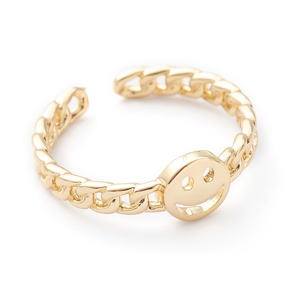 Brass Cuff Rings, Open Rings, Long-Lasting Plated, Smiling Face, Curb Chain Shape