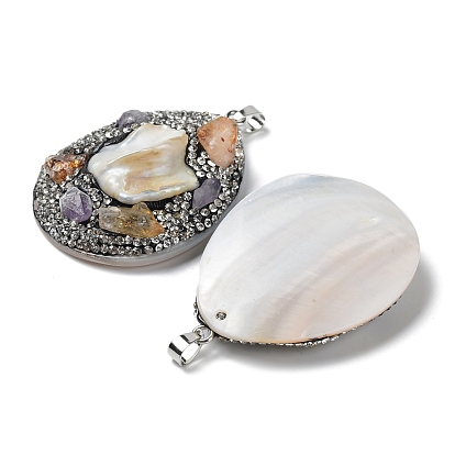 Baroque Natural Freshwater Shell Polymer Clay Rhinestone Big Pendants, Teardrop Charms with Platinum Plated Brass Snap on Bails