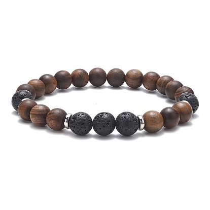2 pcs 2 style bois naturel et roche de lave ensemble de bracelets extensibles à perles rondes pour femmes