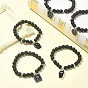 Bracelet extensible en perles de lave naturelle et d'agate noire avec breloques en alliage d'émail