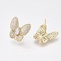Brass Micro Pave Cubic Zirconia Stud Earring Findings, with Loop, Butterfly, Clear, Nickel Free, Real 18K Gold Plated