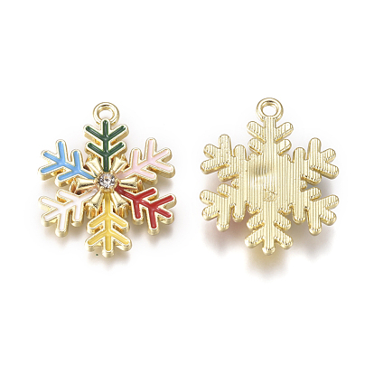 Golden Plated Alloy Pendants, with Enamel & Crystal Rhinestone, Snowflake, for Christmas