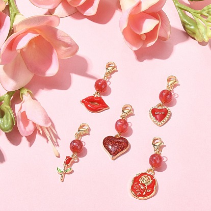 5Pcs Valentine's Day Alloy Enamel Pendant Decoratios, with Round Resin Beads and Stainless Steel Lobster Claw Clasps, Mixed Shapes