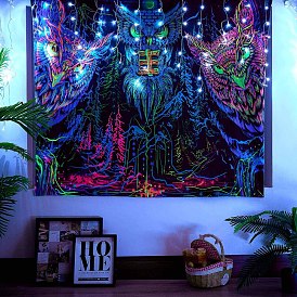Black Light Owl Wall Tapestry, Line Art Forest Trippy Tapestry, for Psychedelic Neon Party Wall, Bedroom, Living Room