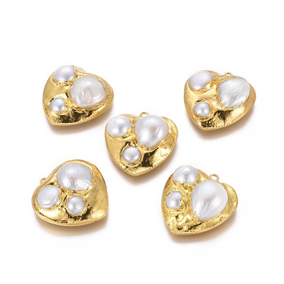 Natural Cultured Freshwater Pearl Pendants, with Brass Findings, Heart