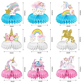 9Pcs 9 Style Rainbow & Unicorn & Flower 3D Paper Fans, Honeycomb Centerpiece Decorations for Party Festival Home Decoration