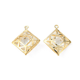 Crystal Glass Rhinestone Pendants, with Iron Finding, Hollow Rhombus Charms