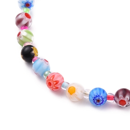 Handmade Millefiori Glass Beads Anklets, with Glass Seed Beads and Zinc Alloy Lobster Claw Clasps